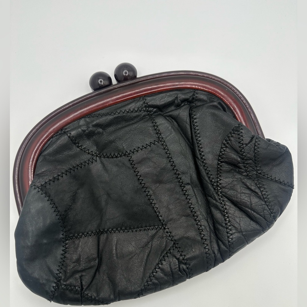 Vintage Leather Patchwork Clutch Purse Bag with Acrylic closure Black - Picture 4 of 8